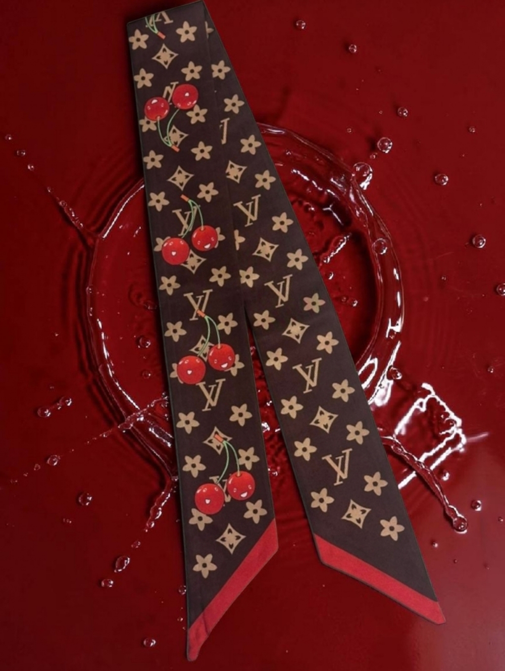 Brown Cherry Monogram Twilly with Red Trim